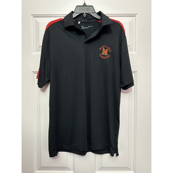 Size M Mens Under Armour Maryland Terrapins Gameday Polo Shirt Logo Black Red - Picture 1 of 4
